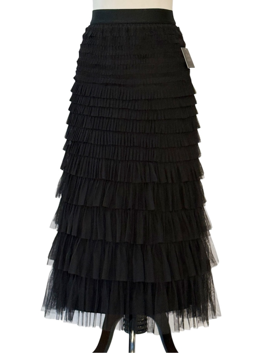 John Mark NWT Black Tiered Ruffle Tulle Midi Skirt Size Small Elastic Waist Boho